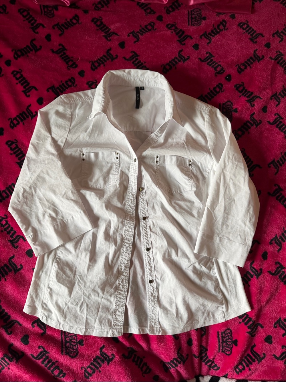 White Button-Down Shirt with Stud Pocket Detail - Women’s Classic Shirt